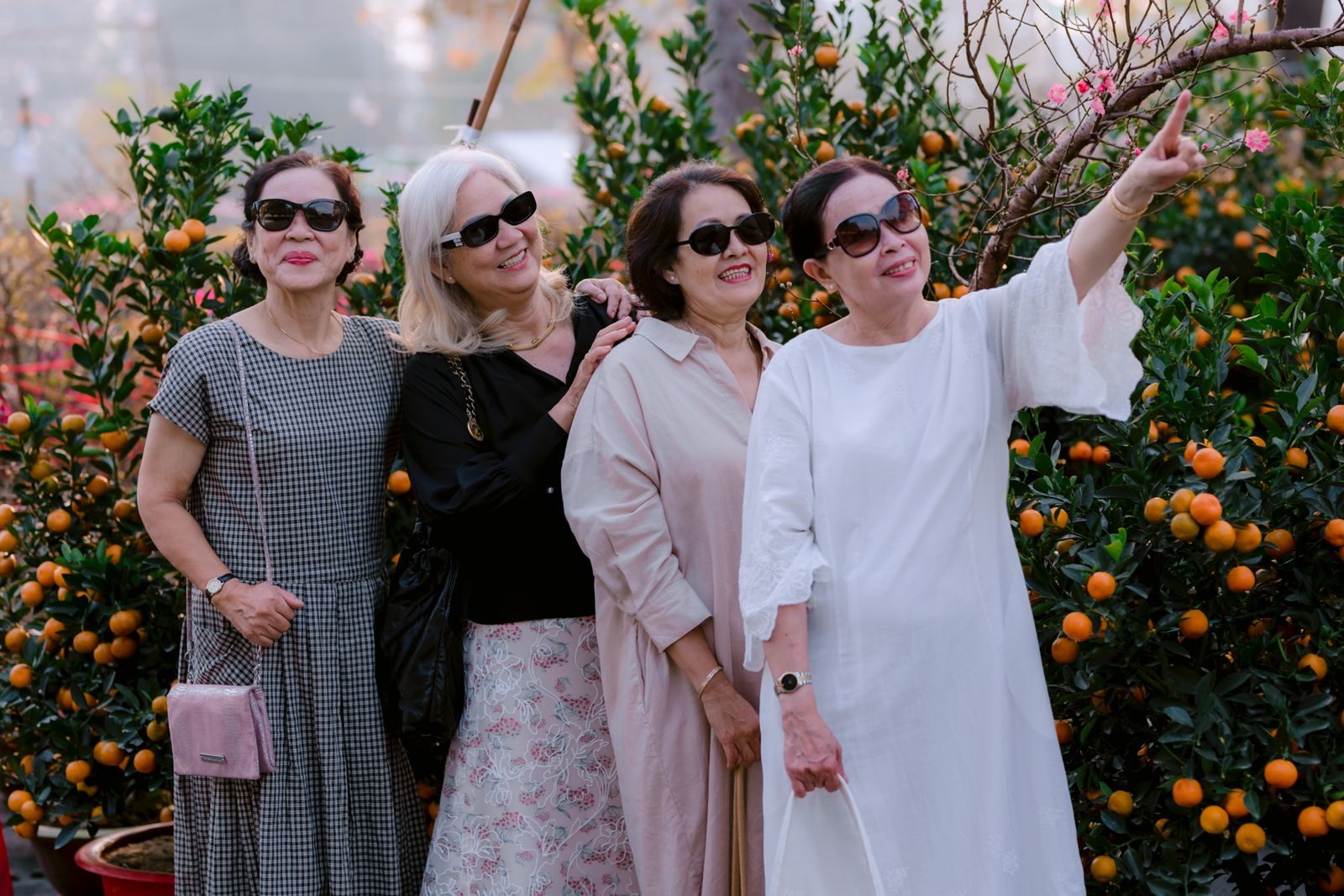 Four senior women smiling and enjoying their time outdoors among lush citrus trees.