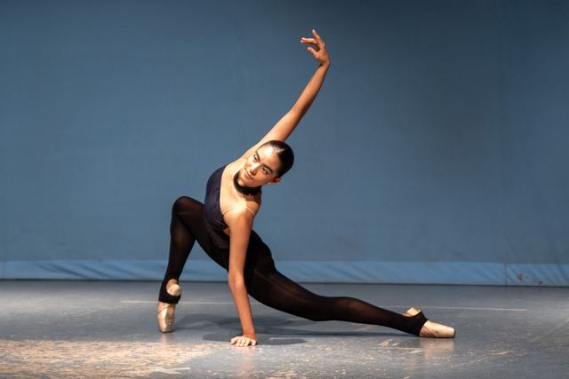 Ballet dancer in a dynamic pose showcasing grace and elegance on an indoor stage.