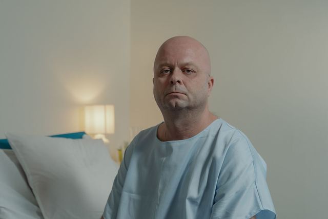 A bald man sitting on a hospital bed wearing a hospital gown, looking contemplative.