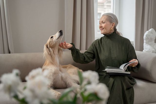 A senior woman in an elegant dress sits indoors with her Afghan Hound, enjoying a peaceful moment.