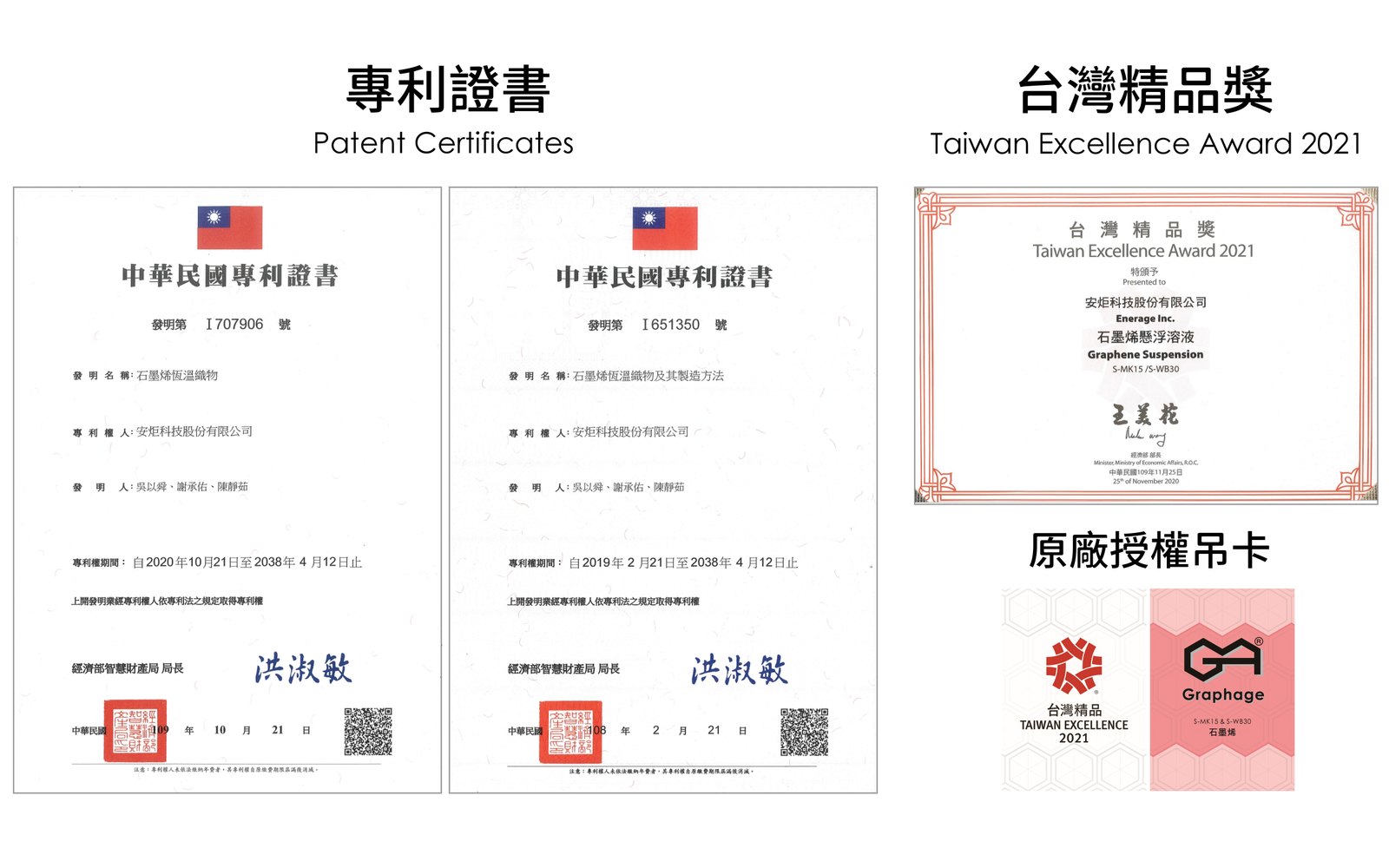 石墨烯恆溫織物中華民國發明專利證書與 2021 台灣精品獎獎狀